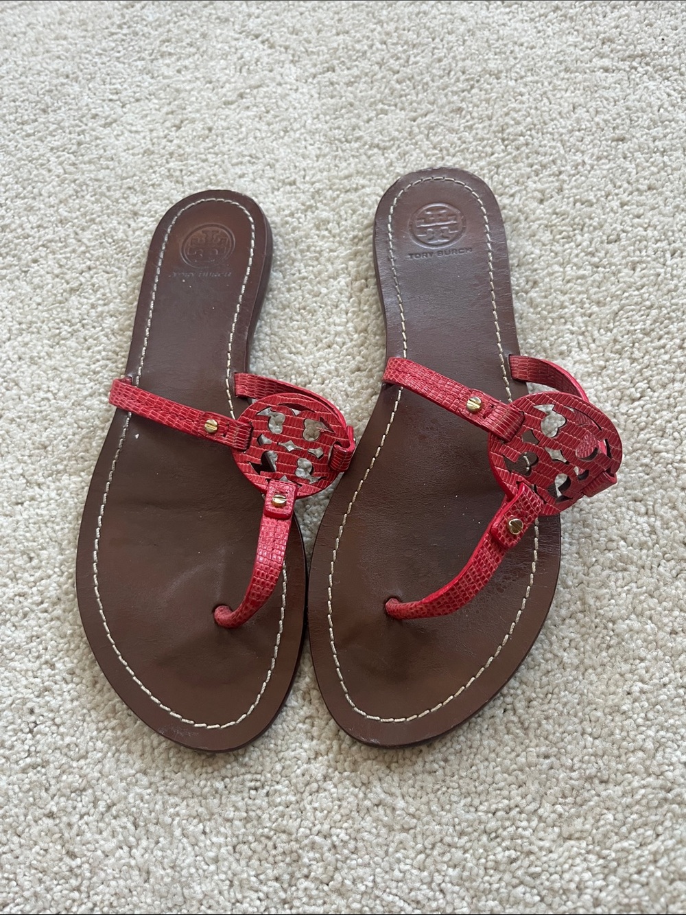 Tory Burch Red Logo Thong Sandals with Brown Footbed and Gold Accents Sz. 8